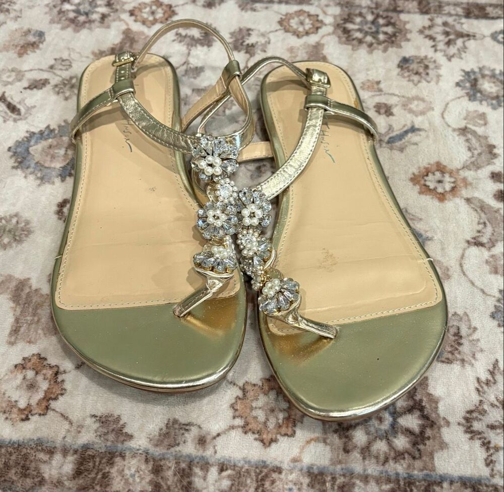 Betsey Johnson Womens T-Strap Flat Sandals Rhinestone Embellished Gold Size 9.5
